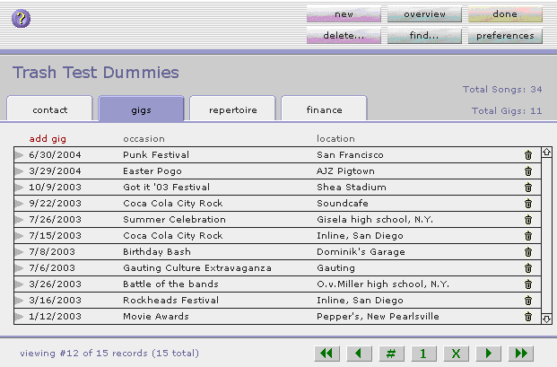 Screenshot of acts page