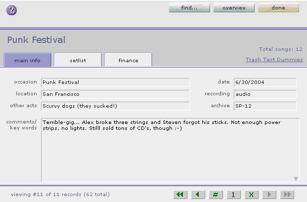 Screenshot of gigs page