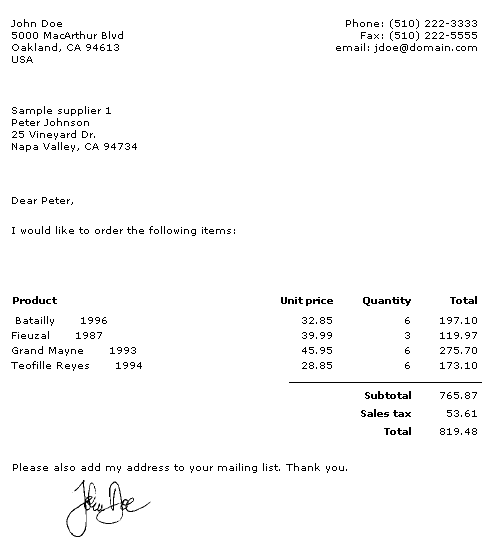 Screenshot of VWC order form